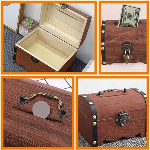 Treasure Money Box, Vintage Wood Money Saving Box With Lock, Pirate Multipurpose Treasure Chest Box, Children Lockable Coin Box, Paper Note And Coin Saving Box, Retro Wooden Treasure Chest Money Bank