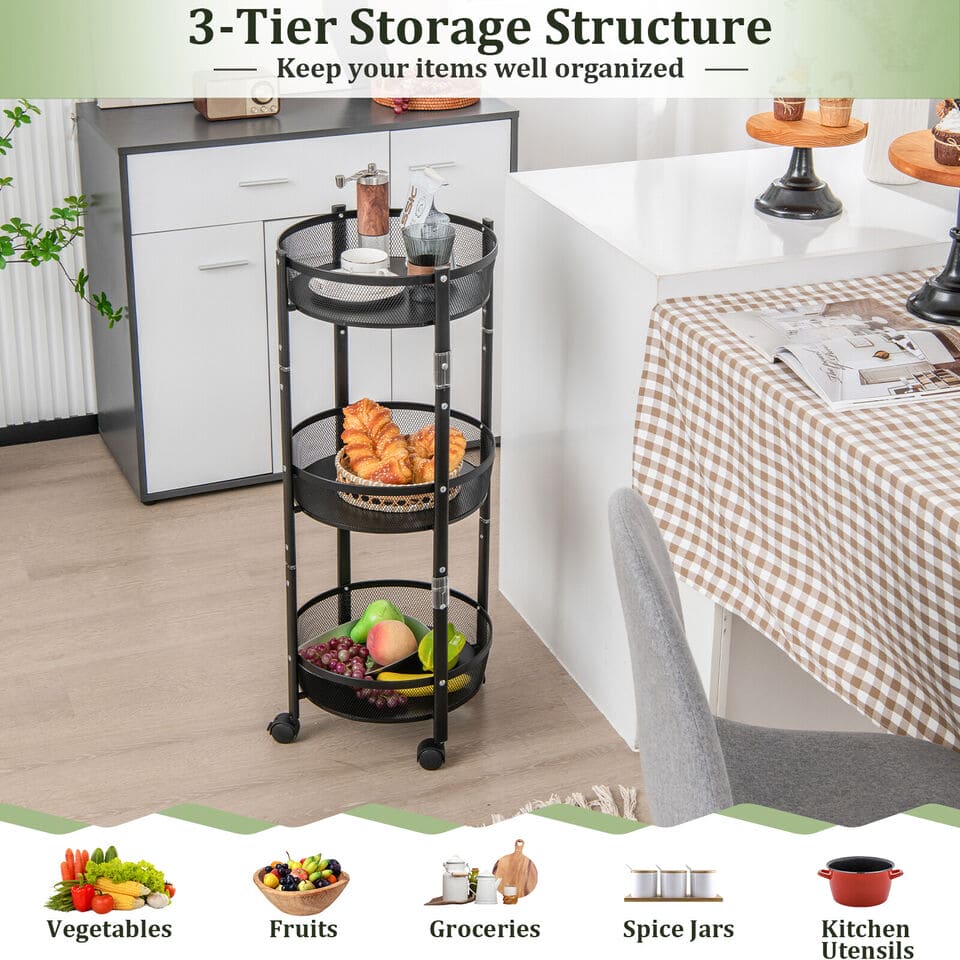 3 Layer Folding Storage Cart, Flexible Food Trolley, Home Snack Vegetables Storage Rack with Wheels, Multifunctional 3 Tier Storage Cart