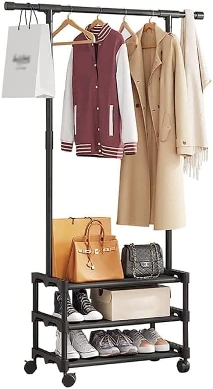 Multifunctional Cloth Rack With Wheels, Multilayer Floor Hanger, 4 in 1 Hall Tree with Storage Shelf, Simple Cloth Organizer Wardrobe, Shoes Rack Home Organizer, Multifunction Floor Standing Clothes Hanger Rack