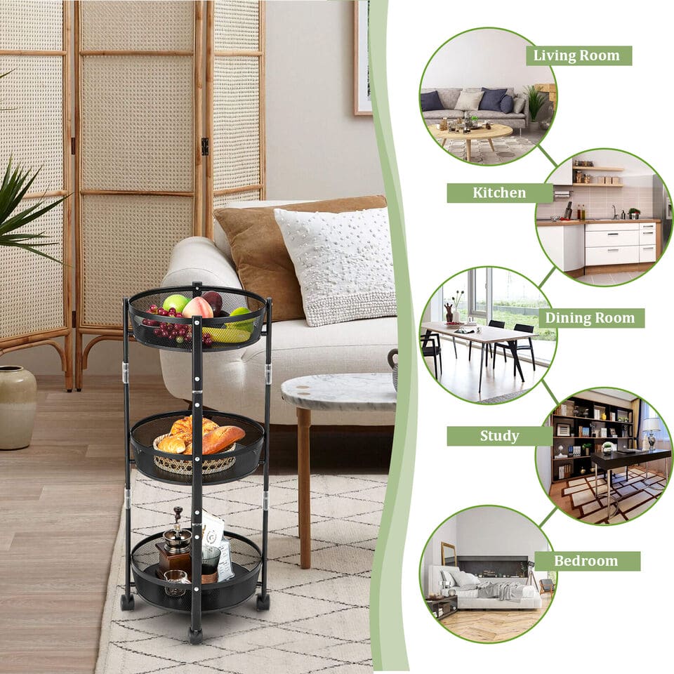 3 Layer Folding Storage Cart, Flexible Food Trolley, Home Snack Vegetables Storage Rack with Wheels, Multifunctional 3 Tier Storage Cart