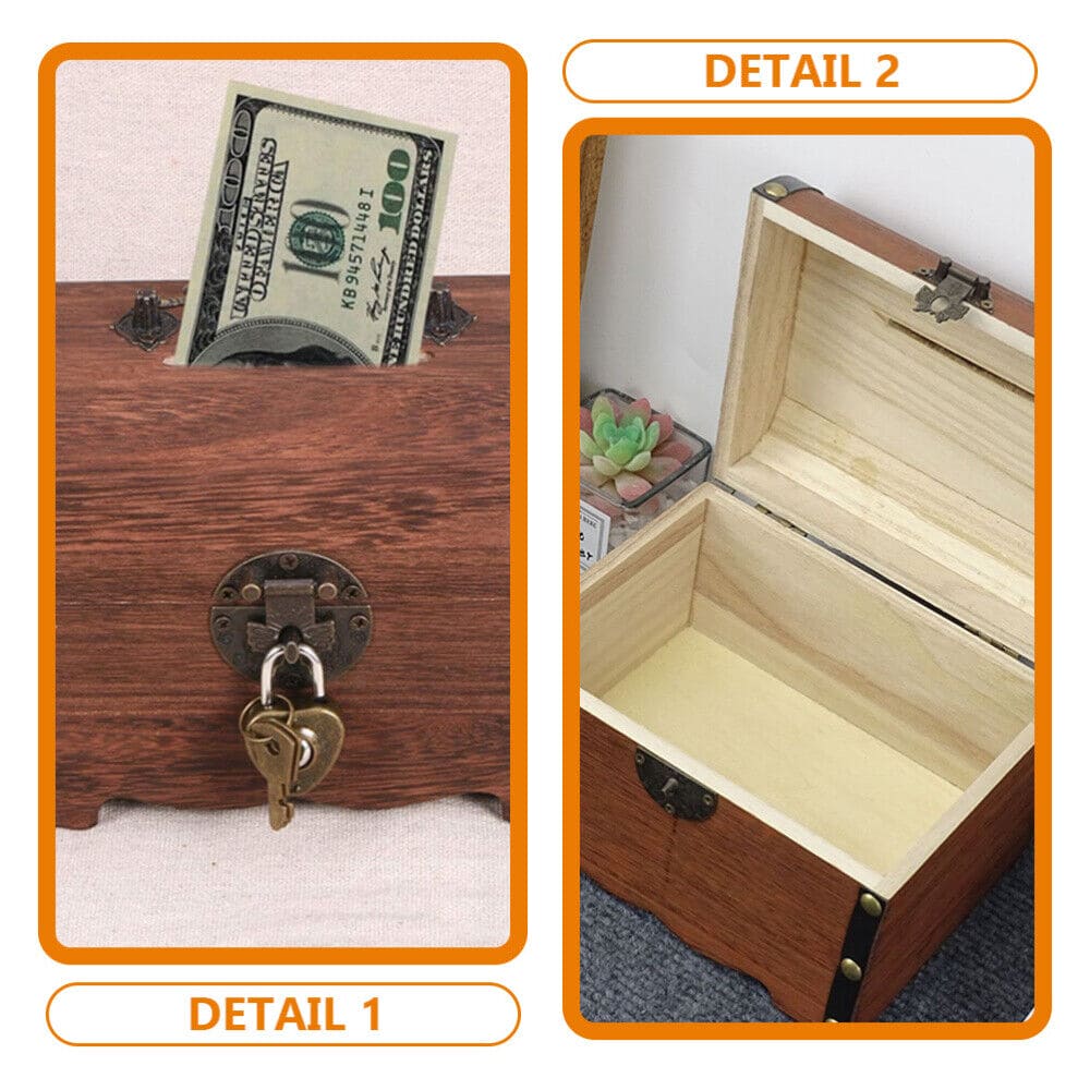 Treasure Money Box, Vintage Wood Money Saving Box With Lock, Pirate Multipurpose Treasure Chest Box, Children Lockable Coin Box, Paper Note And Coin Saving Box, Retro Wooden Treasure Chest Money Bank
