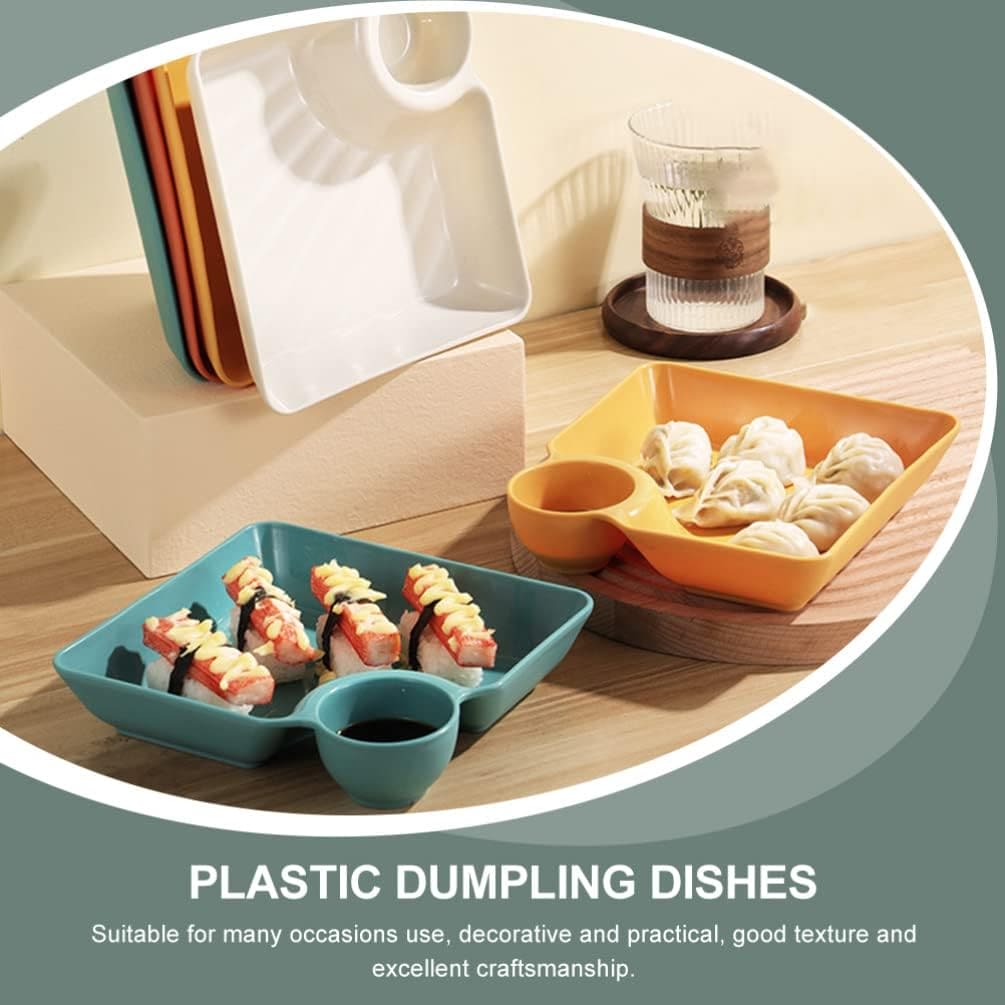 Set of 4 Square Dumpling Plate With Dipping Dish, Plastic Portion Plate, Sushi Fries and Dumplings Sauce Separation, Multipurpose Dumpling Plate With Sauce Compartment, Square Serving Plates with Sauce Holder, Multifunctional Food storage Plate