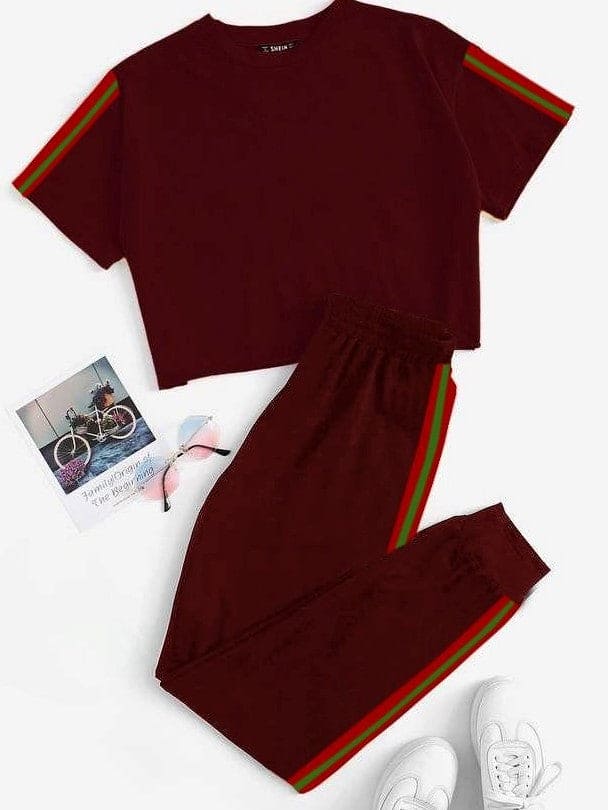Elegance Strip Crop Track Suit, Women's Soft Sports, Comfortable Pant Sportive Track Suit