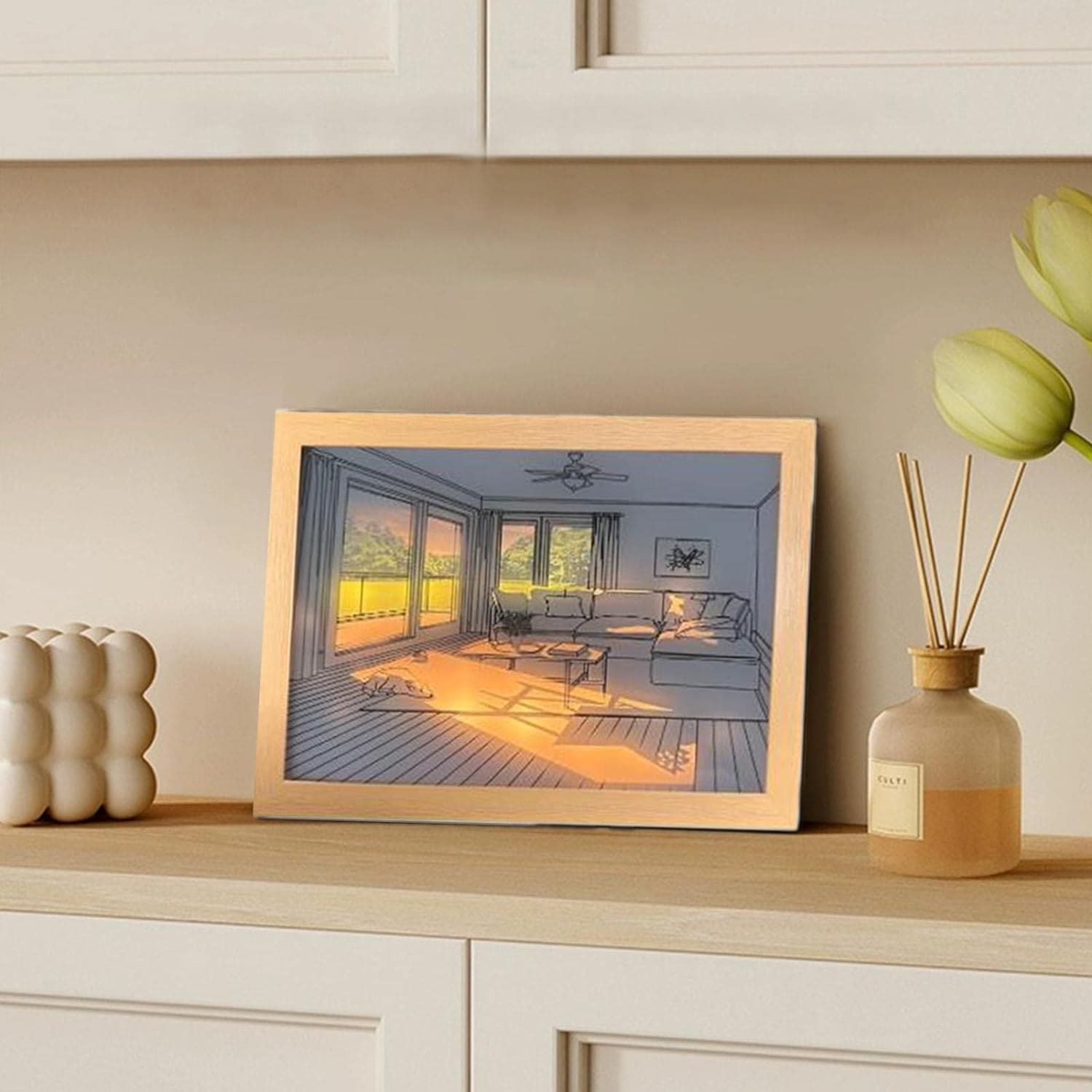 Sunshine Art Painting Frame, LED Shadow Painting Frame, Creative Tabletop Decor Photo Frame, light painting painting Light and Shadow Glowing Frame, Creative Artistic Shadow Painting, 3 Color Luminous Wall Art Decoration, Wooden Light Hollow Photo Frame
