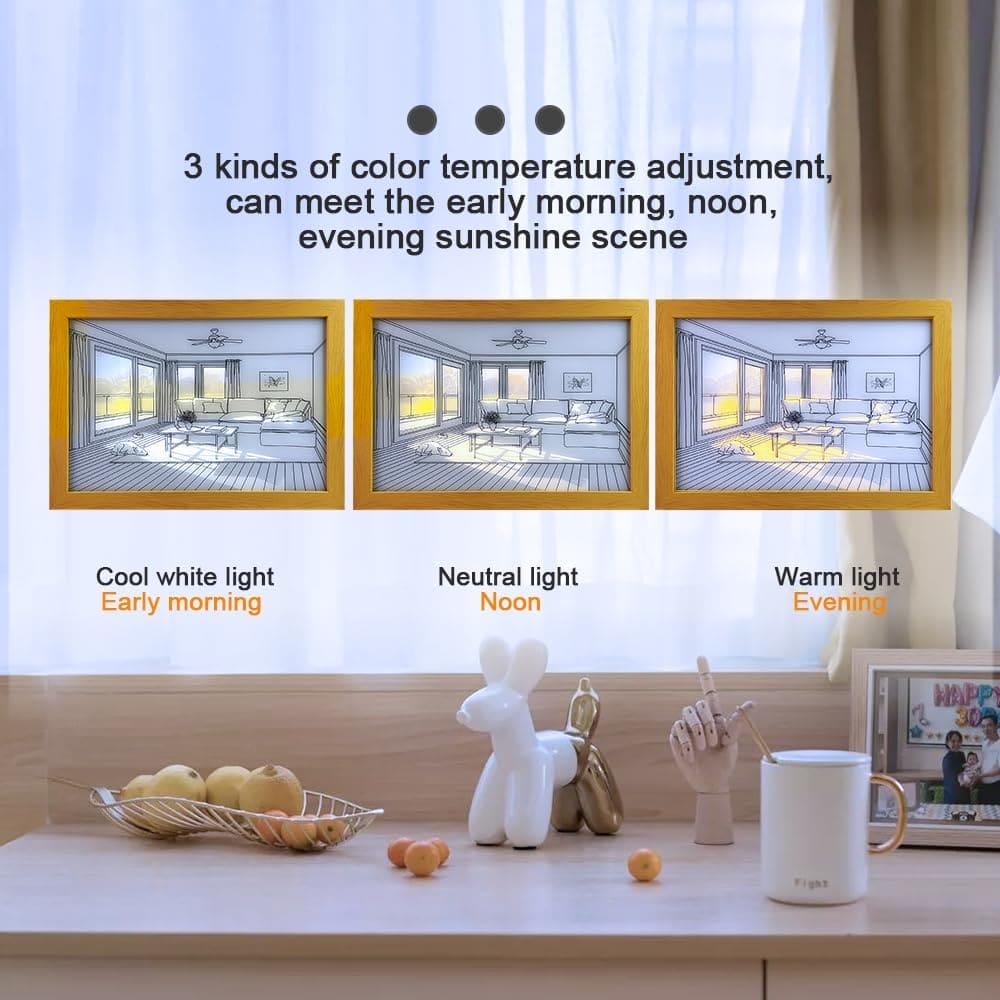 Sunshine Art Painting Frame, LED Shadow Painting Frame, Creative Tabletop Decor Photo Frame, light painting painting Light and Shadow Glowing Frame, Creative Artistic Shadow Painting, 3 Color Luminous Wall Art Decoration, Wooden Light Hollow Photo Frame