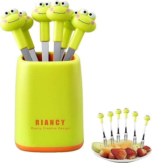 Set Of 6 Frog Food Pick, Stainless Steel Kids Food Pick, Cartoon Shape with 6 Cute Multi Fruit Fork & Stand, Cute Cartoon Frog Picks for Kids in Lunch Box, Reusable Lunch Box Decorative Toothpicks for Appetizer