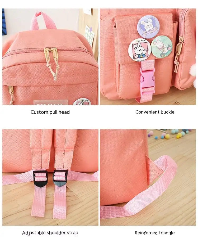 Set Of 4 Bunny Bag, Multifunctional School Bag For Girls, Large Capacity Outdoor Travel Backpack, Waterproof Outdoor Travel Bag, Canvas Laptop School Bag Sets for Kids with Tote Pencil Case, Lunch Box Bag, Back To School Supplies Canvas Bag