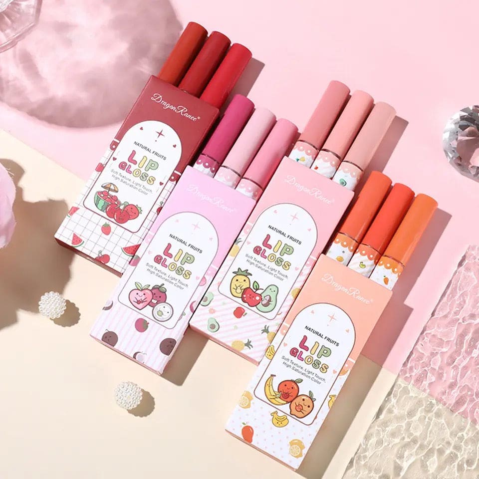 Set Of 3 Fruity Lip Gloss, Velvet Matte Lipstick, Natural Matte Lip Balm, Waterproof Moisturizing Lasting Beauty Makeup Lipstick, Long-Lasting Liquid Lipstick