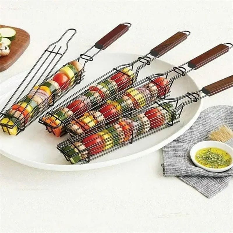 Portable BBQ Grilling Basket, Stainless Steel Nonstick Barbecue Grill Basket, Wooden Handle Barbecue Grill Basket, Barbecue Grill Mesh Rack, Coating Clamp Holder, Barbecue Picnic Camping Tools, Reusable Anti Corrosion Wooden Handle Barbecue Tool