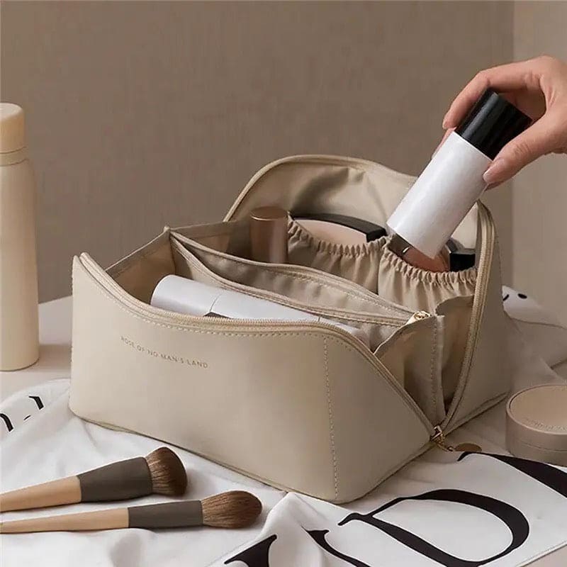 Classy Cosmetic Bag, Portable Leather Makeup Pouch, Waterproof Travel Washbag, Large Opening Makeup Bag, Multifunctional Leather Organizer Bag With Dividers And Handle, Lay Flat Large Opening Makeup Bag