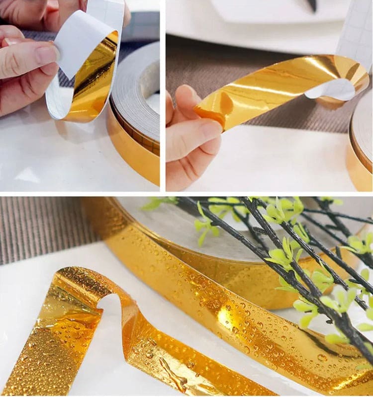 Metallic Floor Sealing Sticker, Tile Tape Sticker, Self Adhesive Sealing Foil Strips, Background Wall Home Decoration Caulk Tape, Waterproof Seam Wall Stickers, Decoration Tape For Home Floor Tiles, Wall Decor, Gold Foil Self Adhesive Tile Stickers Tape