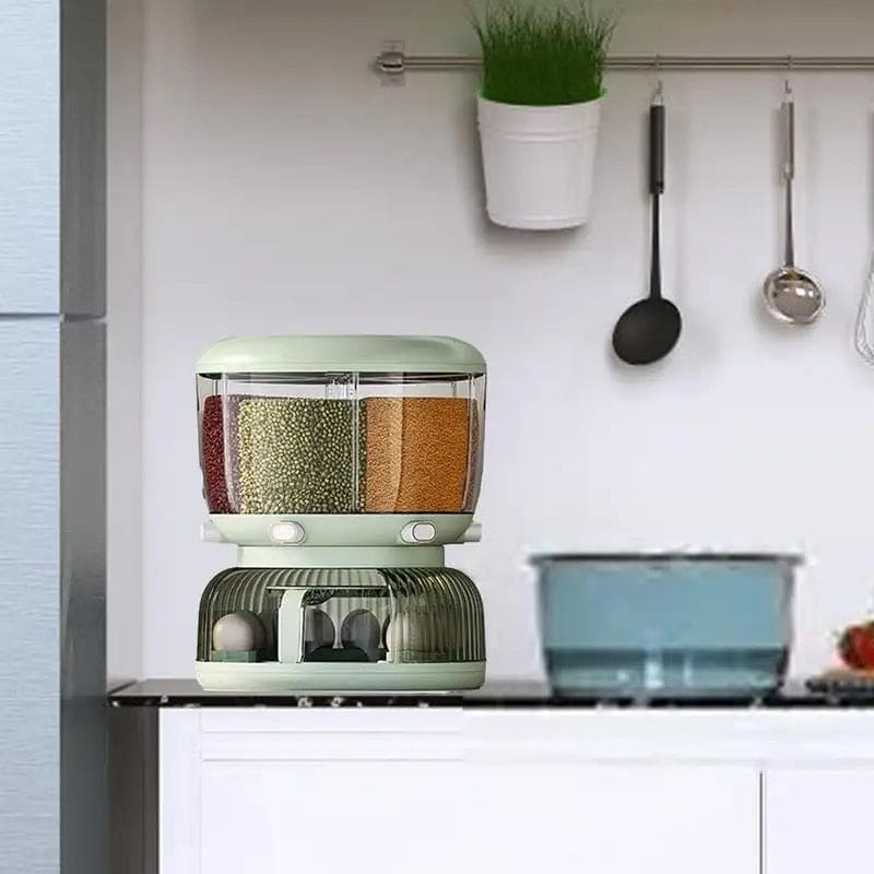 Cereal Divider Bucket, Multipurpose Rotating Kitchen Storage Box, 6 Grid 360° Rotating Grain Rice Dispenser, Sealed Cereal Dispenser Rice Tank, Dry Food Rotating 6 Storage Container With Egg Groove Shelf, Multi Grid Food Storage Container For Kitchen