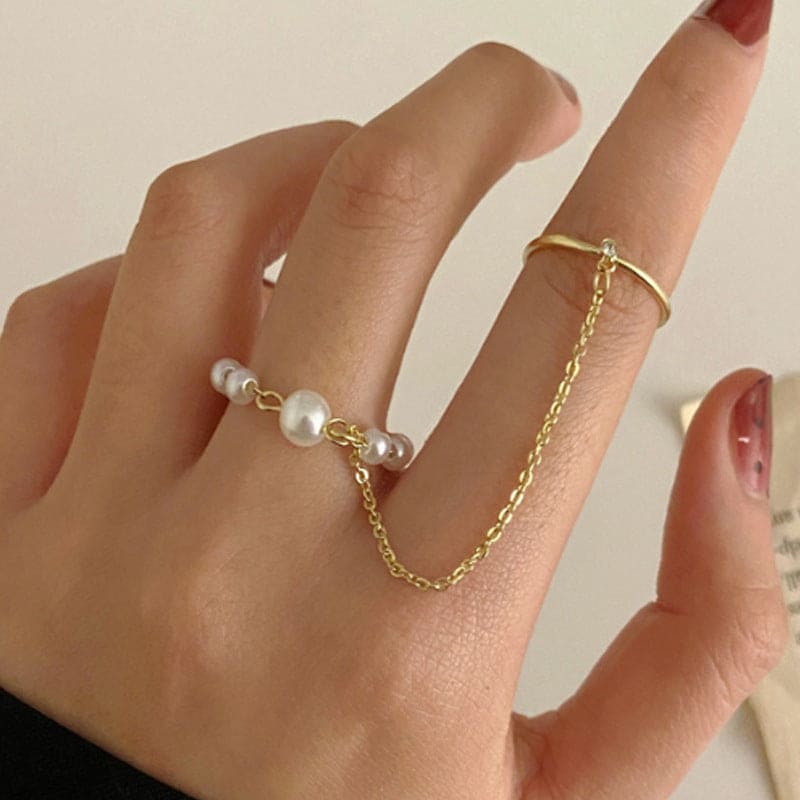 Long Chain Double Circle Rings, Retro Pearl Ring for Women, Hand
