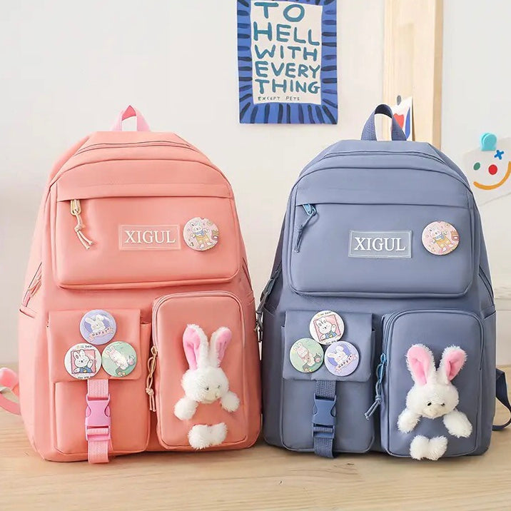 Set Of 4 Bunny Bag, Multifunctional School Bag For Girls, Large Capacity Outdoor Travel Backpack, Waterproof Outdoor Travel Bag, Canvas Laptop School Bag Sets for Kids with Tote Pencil Case, Lunch Box Bag, Back To School Supplies Canvas Bag