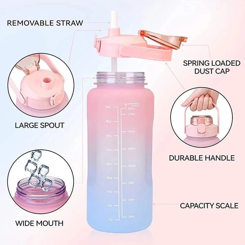 2L Gradient Water Bottle, Flip Lid Drink Jug, Water Flask Drinking Bottle, Outdoor Sports Portable Plastic Cold Water Cups, Transparent Frosted Plastic Water Bottle