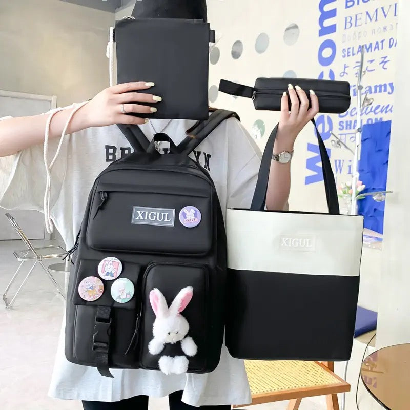 Set Of 4 Bunny Bag, Multifunctional School Bag For Girls, Large Capacity Outdoor Travel Backpack, Waterproof Outdoor Travel Bag, Canvas Laptop School Bag Sets for Kids with Tote Pencil Case, Lunch Box Bag, Back To School Supplies Canvas Bag