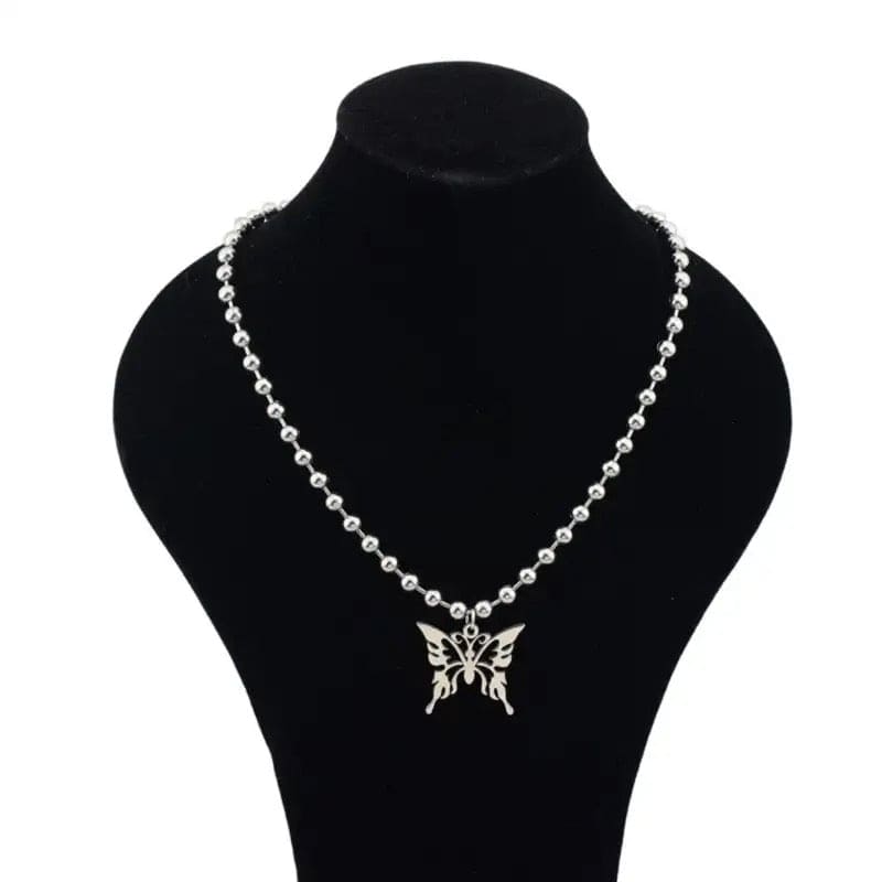 Sweet Butterfly Stainless Steel Pendant Necklace, Streetwear Ball Chain Polishing Chain Pendant, Hollow Butterfly Ball Chain Necklace Jewellery