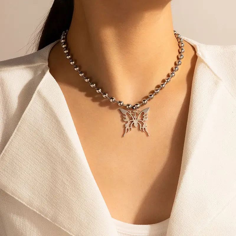 Sweet Butterfly Stainless Steel Pendant Necklace, Streetwear Ball Chain Polishing Chain Pendant, Hollow Butterfly Ball Chain Necklace Jewellery