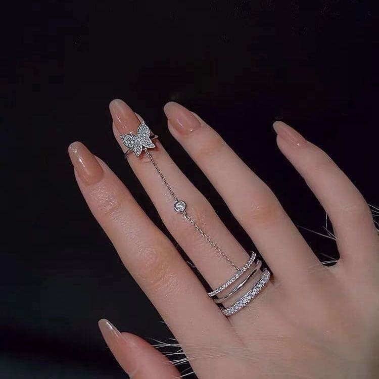 Double Finger Butterfly Chain Ring, Tassel Butterfly Cross Punk Ring Jewellery, Butterfly Cross Punk Ring, Elegant Tassel Butterfly Chain Ring