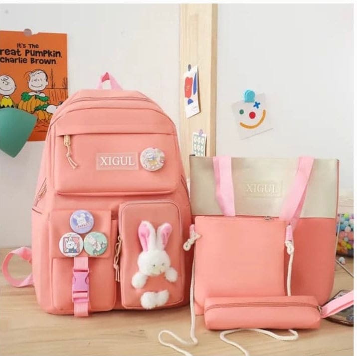 Set Of 4 Bunny Bag, Multifunctional School Bag For Girls, Large Capacity Outdoor Travel Backpack, Waterproof Outdoor Travel Bag, Canvas Laptop School Bag Sets for Kids with Tote Pencil Case, Lunch Box Bag, Back To School Supplies Canvas Bag