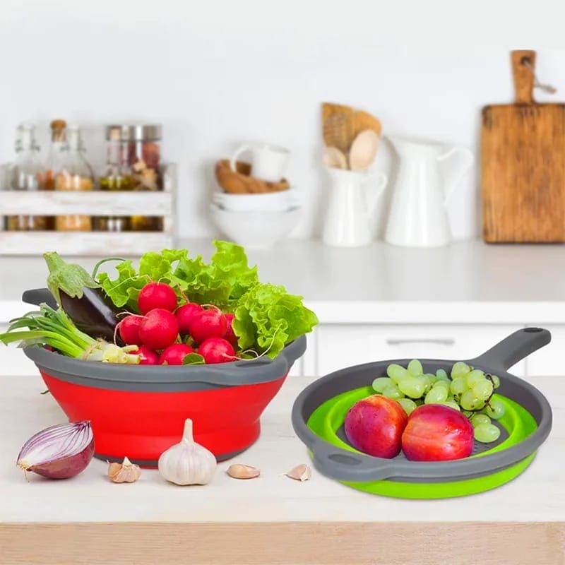 Foldable Colander Basket, Folding Vegetable Fruit Washing Basket Drain Strainer, Extendable Kitchen Colander Strainer With Handle, Round Kitchen Strainer for Draining, Over The Sink Vegetable/Fruit Flexible Strainer, Folding Heat Resistant Colander