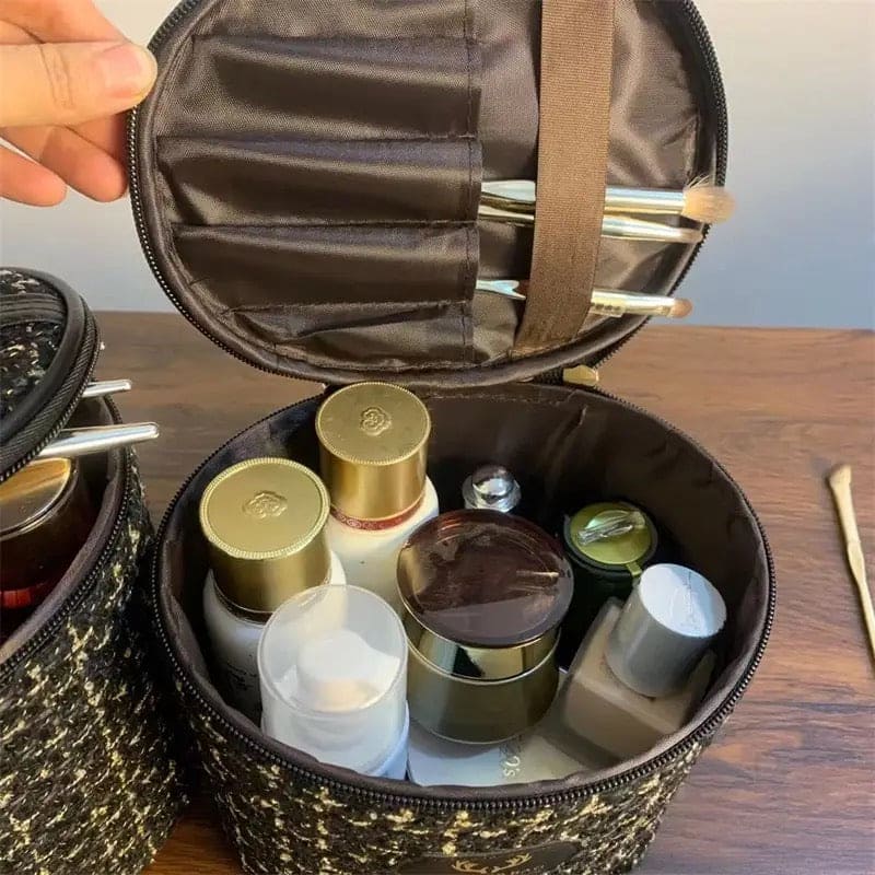 Fashion Tweed Cosmetic Bag, Women Travel Organizer Makeup Toilet Pouch, Multifunction Beauty Storage Portable Box, Cylinder Solid Cosmetic Bag, Cosmetic Cases Zipper Wash Beauty Pouch