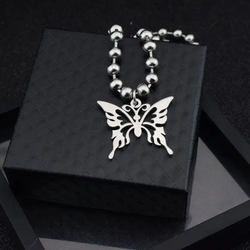 Sweet Butterfly Stainless Steel Pendant Necklace, Streetwear Ball Chain Polishing Chain Pendant, Hollow Butterfly Ball Chain Necklace Jewellery