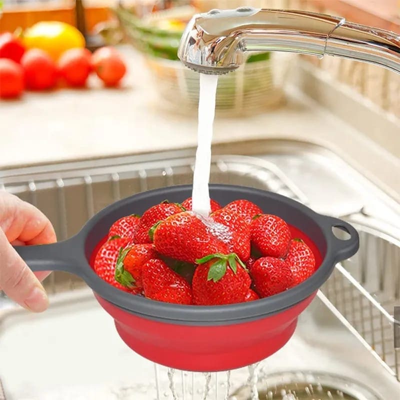 Foldable Colander Basket, Folding Vegetable Fruit Washing Basket Drain Strainer, Extendable Kitchen Colander Strainer With Handle, Round Kitchen Strainer for Draining, Over The Sink Vegetable/Fruit Flexible Strainer, Folding Heat Resistant Colander