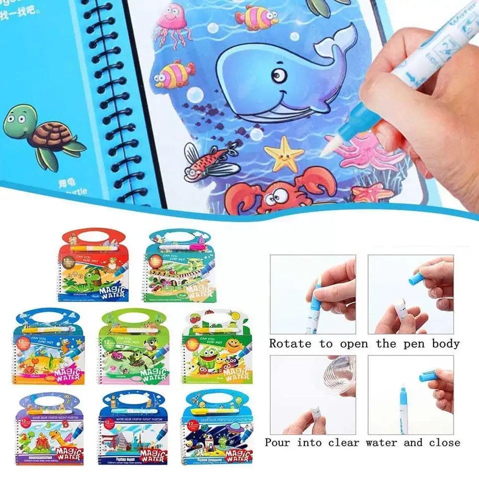 Reusable Magic Water Book, Creative Children Magical Drawing Books with Pen, Water Reveal Activity Book for Kid, Painting Color Wonder Coloring Book, Child Educational Toy Magic Book Water Painting