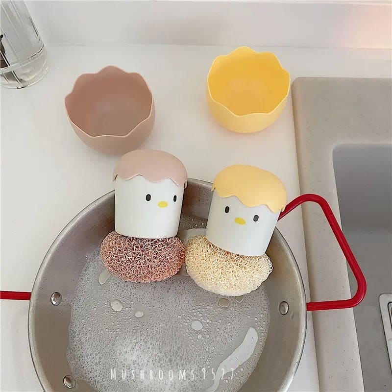 Cute Egg Kitchen Cleaning Brush, Detachable Nano Pot Washing Brush, Eggshell Chicken Dish Cleaning Brush, Stovetop Decontamination Brush Cleaning Ball With Handle, Cartoon Cleaning Ball Dishwashing Brush Pot
