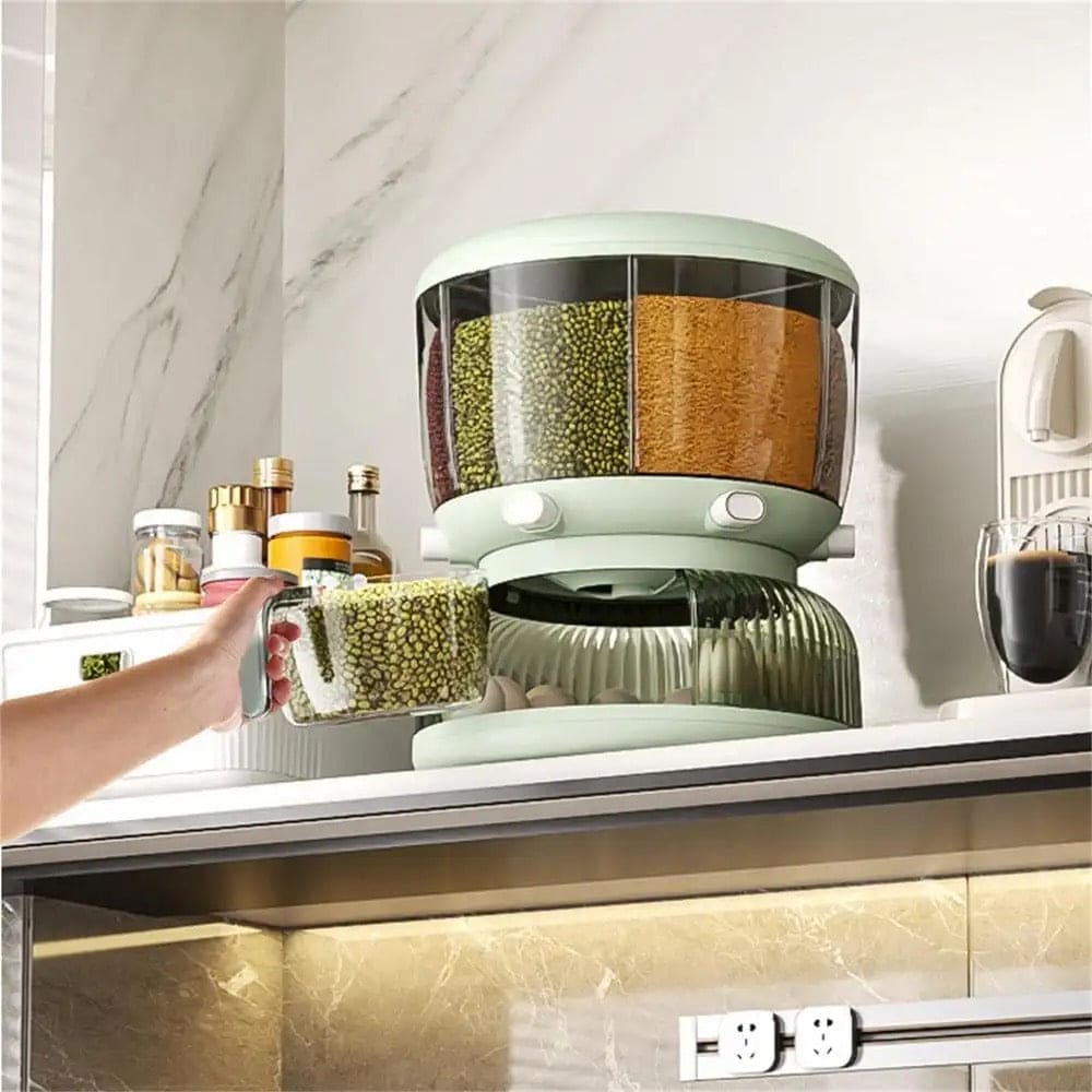 Cereal Divider Bucket, Multipurpose Rotating Kitchen Storage Box, 6 Grid 360° Rotating Grain Rice Dispenser, Sealed Cereal Dispenser Rice Tank, Dry Food Rotating 6 Storage Container With Egg Groove Shelf, Multi Grid Food Storage Container For Kitchen