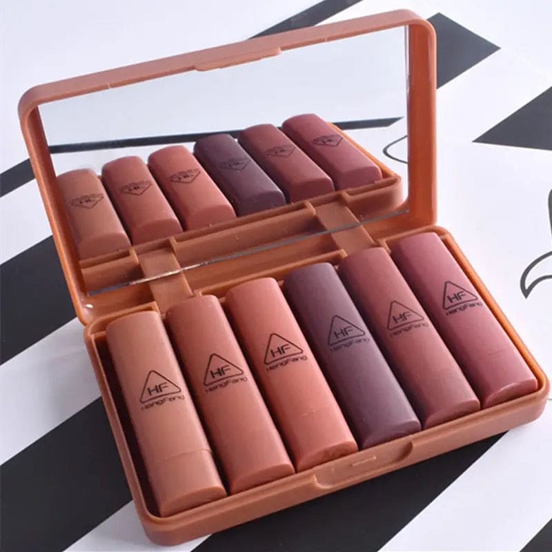 6 Pcs Pumpkins Color Matte Lipstick With Mirror, Heng Feng Color Lipstick, Mini Dry Lipstick Box, Long-lasting Lipstick Set