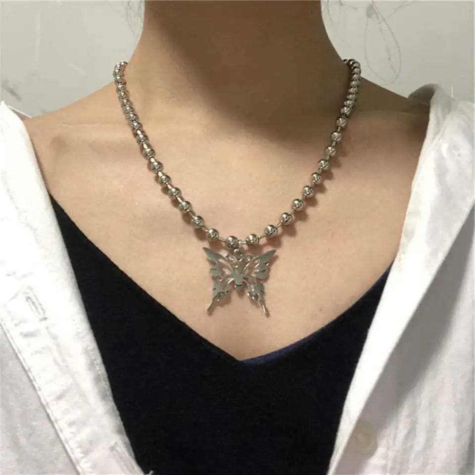Sweet Butterfly Stainless Steel Pendant Necklace, Streetwear Ball Chain Polishing Chain Pendant, Hollow Butterfly Ball Chain Necklace Jewellery