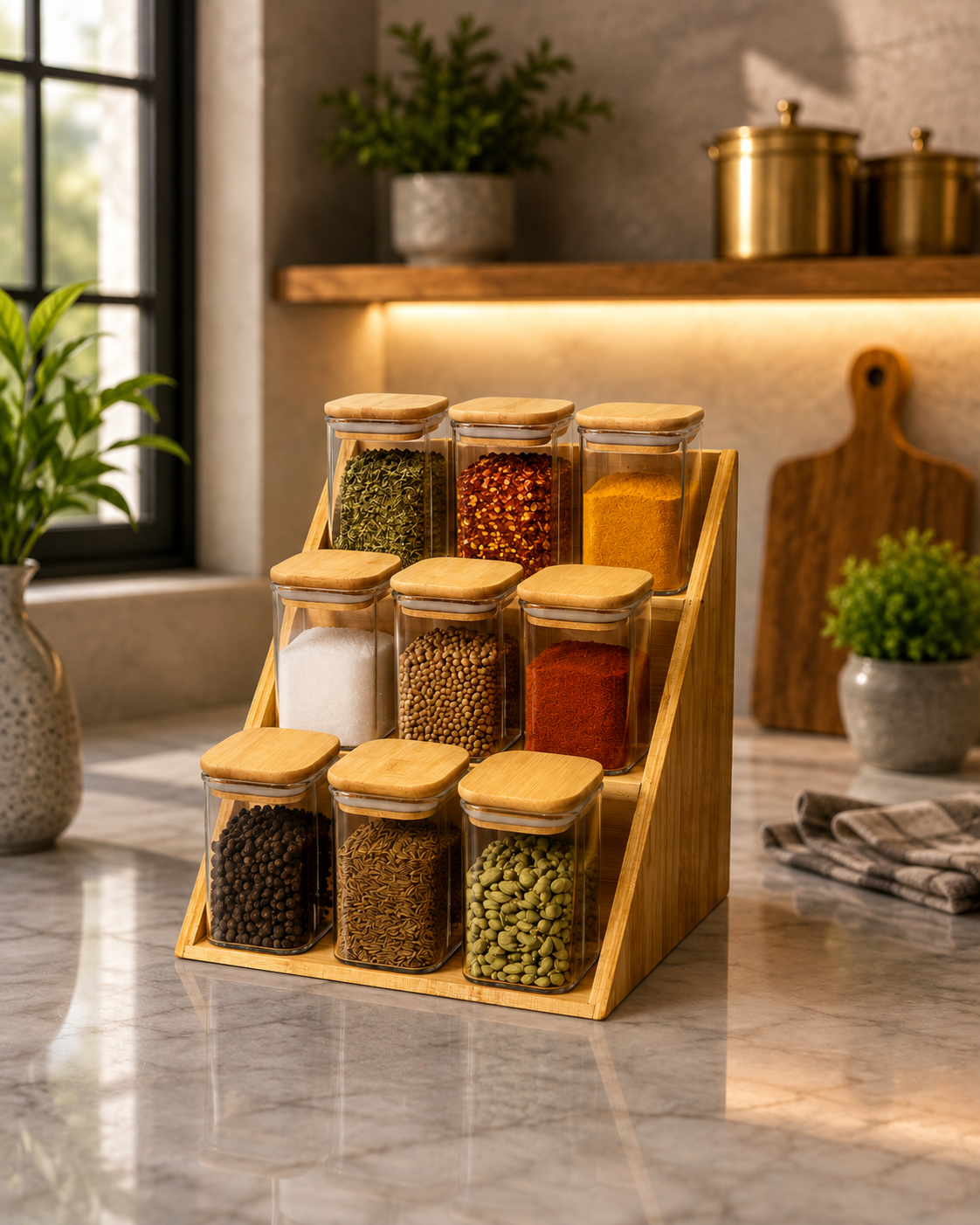 3 Tier Bamboo Spice Rack With Glass Jars, Bamboo Kitchen Seasoning Storage Rack, 9pcs Bamboo Spice Jar Storage Rack