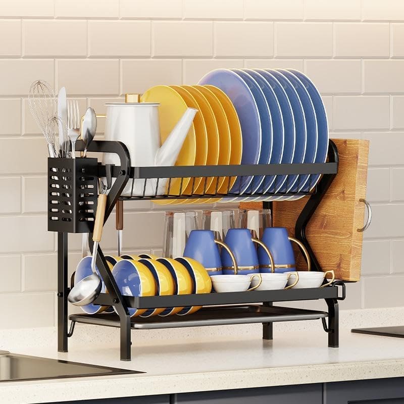 Metal Dish Drainer Holder, Dish Bowl Draining Storage Rack, Chopstick Cage with Drainboard for Kitchen Countertop, Bowls Plates Kitchenware Dish Drying Shelf Organizer