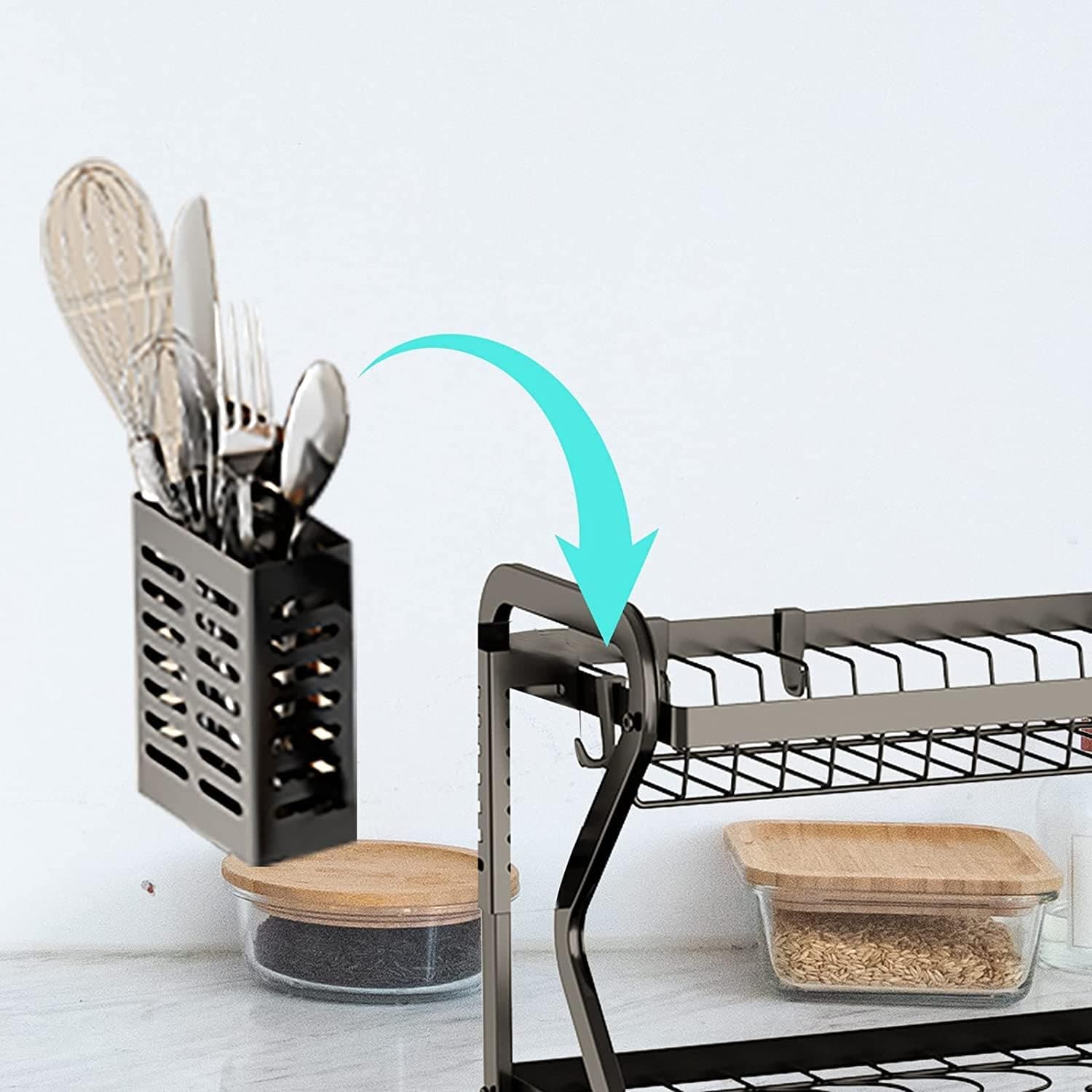 Metal Dish Drainer Holder, Dish Bowl Draining Storage Rack, Chopstick Cage with Drainboard for Kitchen Countertop, Bowls Plates Kitchenware Dish Drying Shelf Organizer