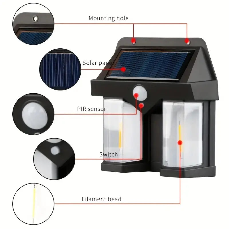 Double Head Antique Solar Sensor Lamp, Wall Mounted Courtyard Villa Garage Wall Light, Human Body Induction Warm Light Lantern, Bright Outdoor Solar Wall Lamp, Energy Efficient Outdoor Lighting