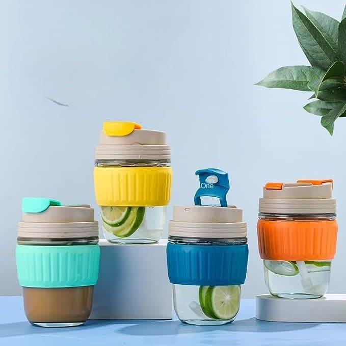 Modern Travel Mug, 350ml Double Drinking Glass, Lovely Glass Straw Cup, Portable Accompanying Coffee Cup, Couple Silicone Anti Scalding Water Cup