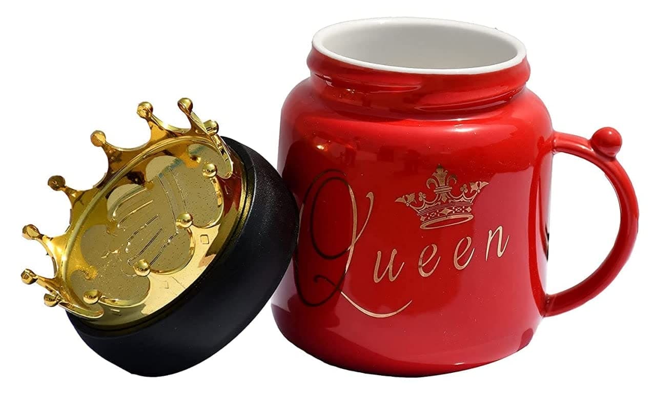 Gold Crown Mug Set, King Queen Ceramic Mug, Royal Coffee Tea Cups with Lid