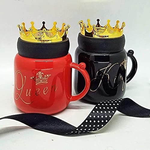 Gold Crown Mug Set, King Queen Ceramic Mug, Royal Coffee Tea Cups with Lid