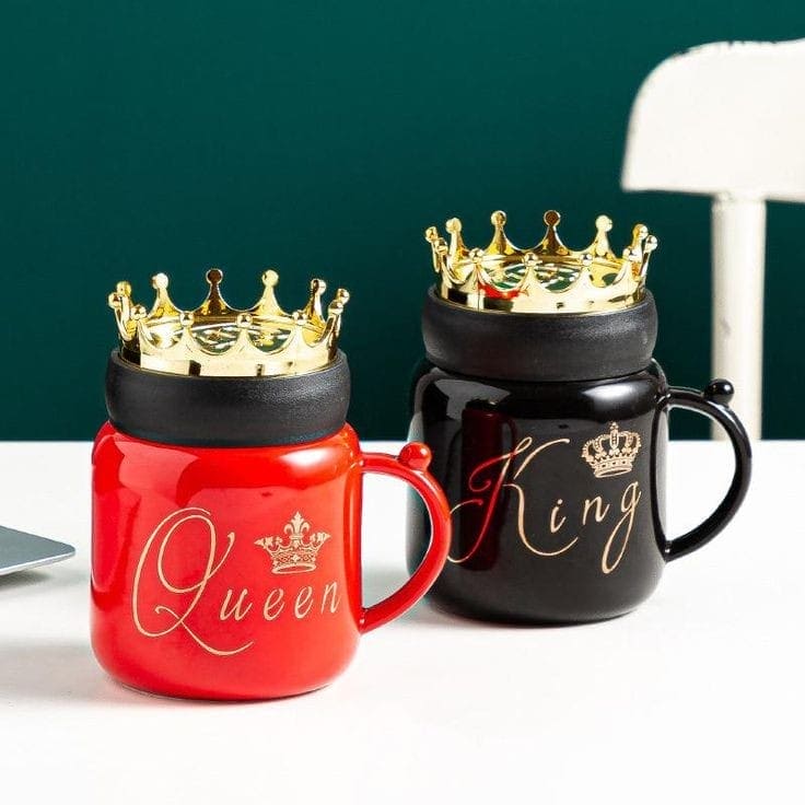 Gold Crown Mug Set, King Queen Ceramic Mug, Royal Coffee Tea Cups with Lid