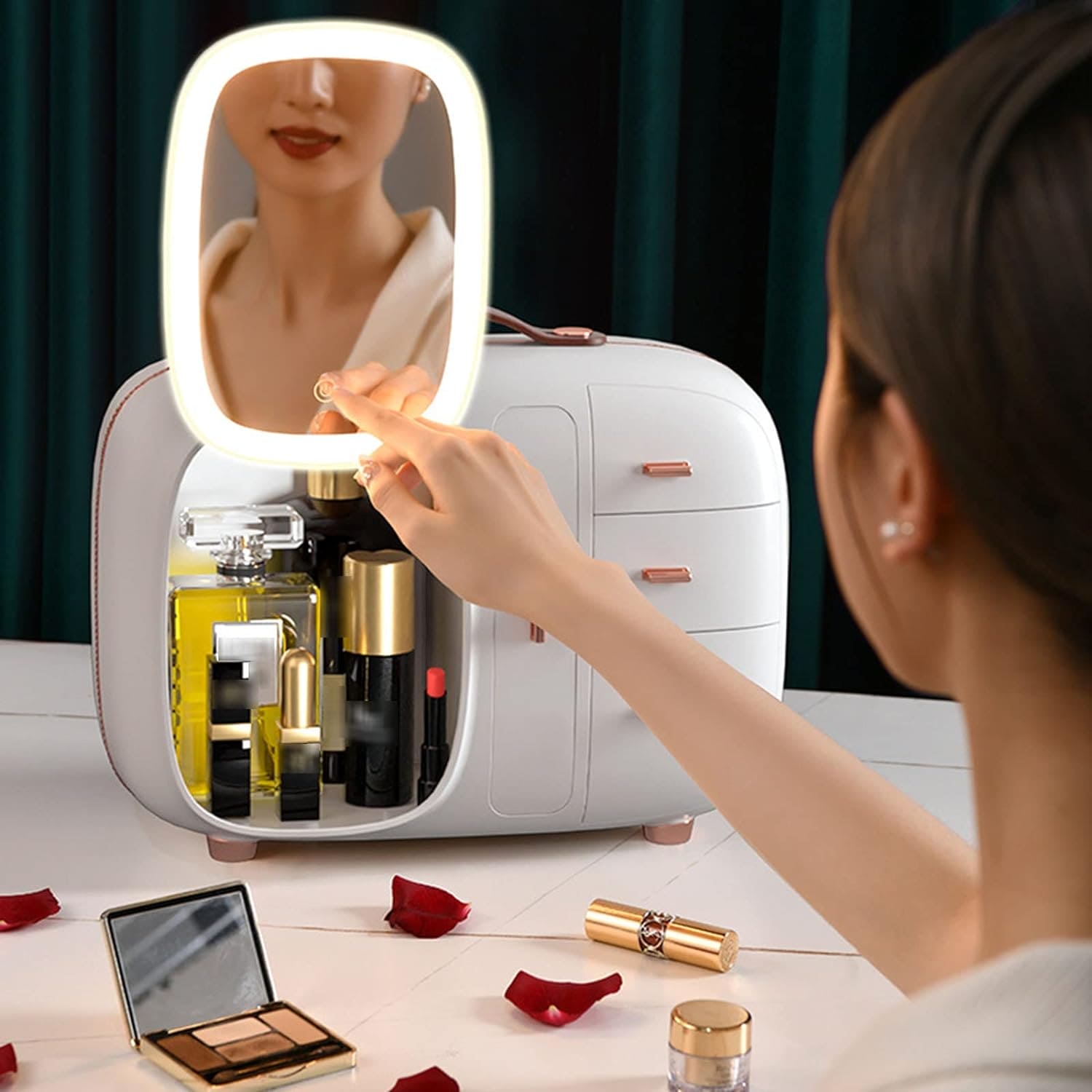 Modern Makeup Organizer Box With Led Mirror, Desktop Cosmetic Storage Box, Cosmetics Storage Display Rack with Drawer, Waterproof Dustproof Makeup Storage Box with Mirror, Makeup Skin Care Box with LED Lighted Mirror for Bathroom Dresser and Vanity