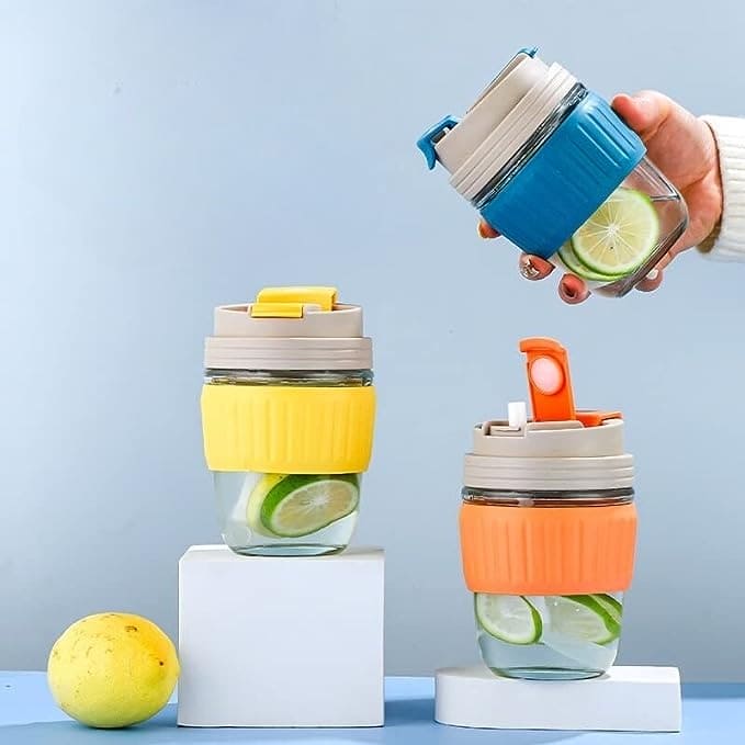 Modern Travel Mug, 350ml Double Drinking Glass, Lovely Glass Straw Cup, Portable Accompanying Coffee Cup, Couple Silicone Anti Scalding Water Cup
