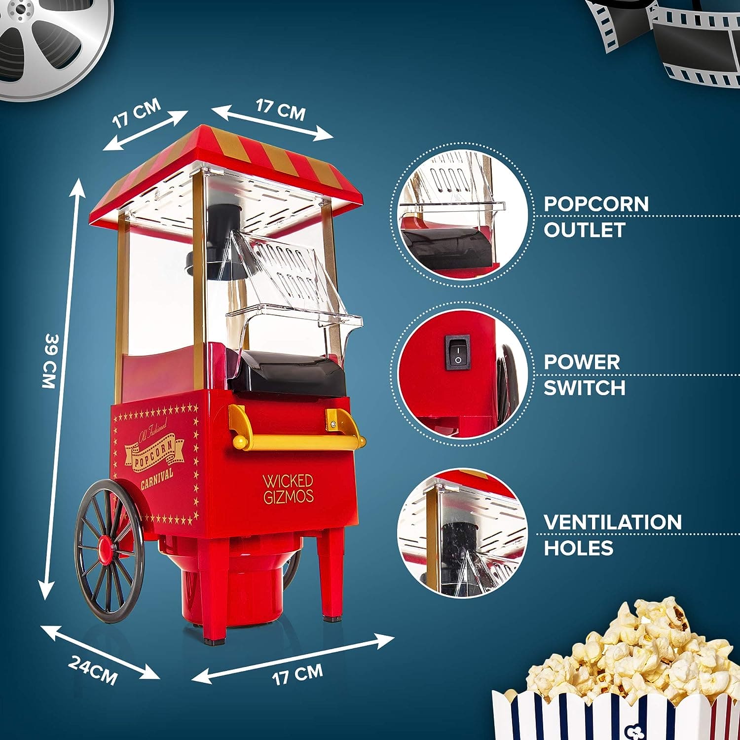 Carnival Popcorn Maker, Countertop Popcorn Machine, Vintage Retro Electric Hot Air Popcorn Machine, Cart Style Hot Air Popper Machine, Portable Electric Popcorn Maker, Automatic Instant Popcorn Maker, Portable Electric Household Snack Maker