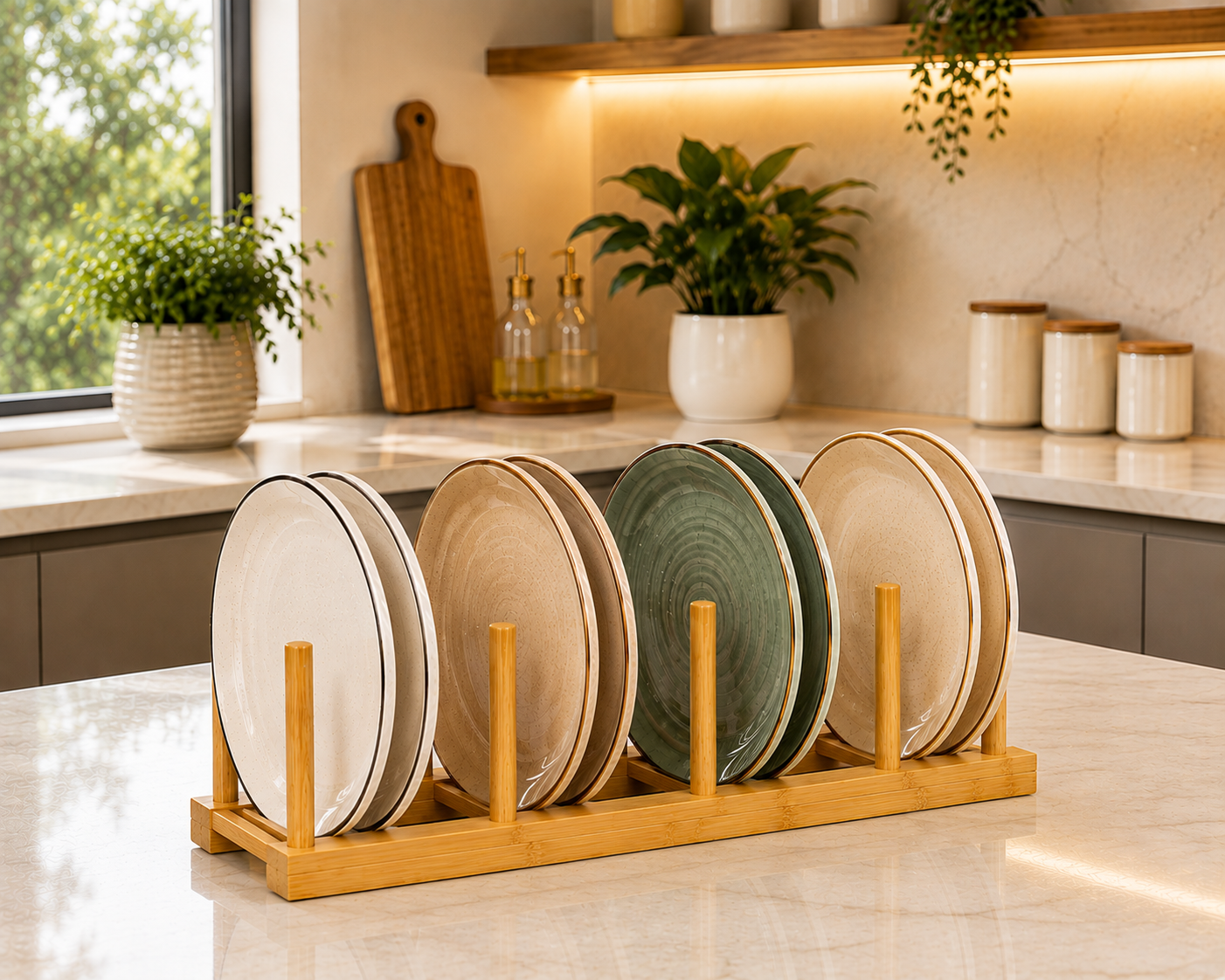 Wooden Dish Organizer Rack, Premium Bamboo Plate Display Stand, Kitchen Countertop Plate Organizer