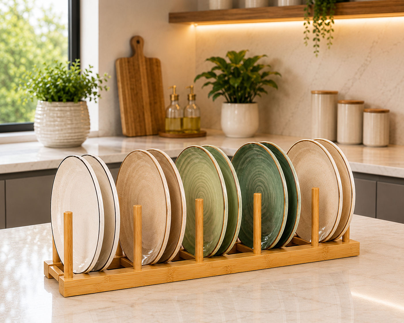 Wooden Dish Organizer Rack, Premium Bamboo Plate Display Stand, Kitchen Countertop Plate Organizer