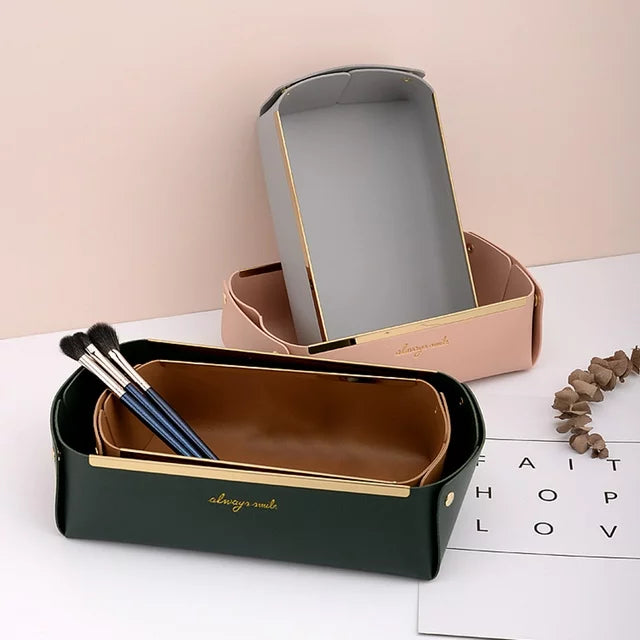 Folding Jewellery Tray, Sundries Storage Tray, Collapsible Faux Leather Large Capacity Sundries Organizer Box, Nordic Style Leather Organizer, Rectangle Desktop Organizer Box, Multipurpose Catchall Tray for Key Jewelry, Desk Dresser Top Organizer