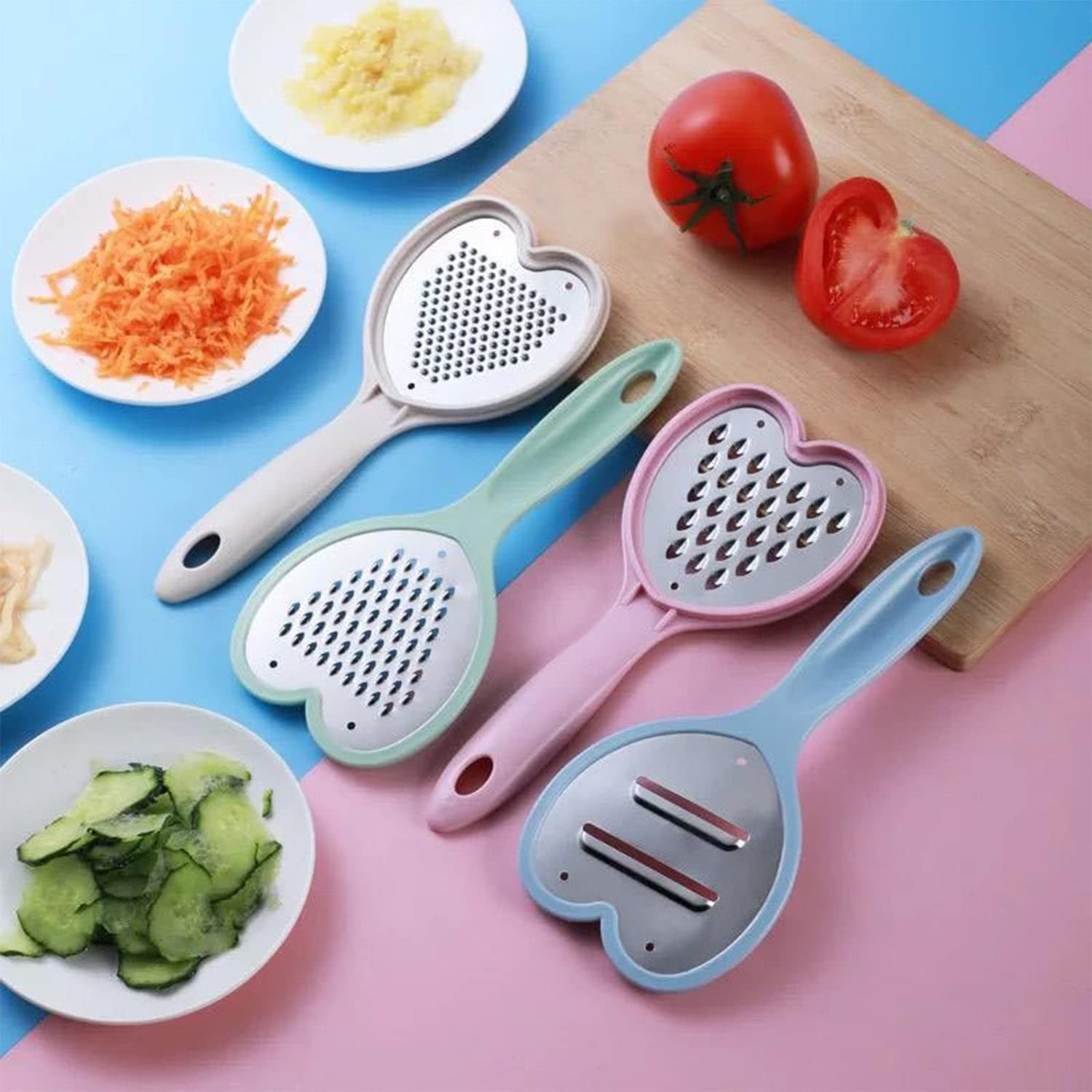 Set Of 4 Heart Veg Shredder, Heart Grater Slicer for Kitchen Purpose, Multipurpose 4 in 1 Stainless Steel Grater/Slicer Set, Stainless Steel Cheese Grater And Shredder