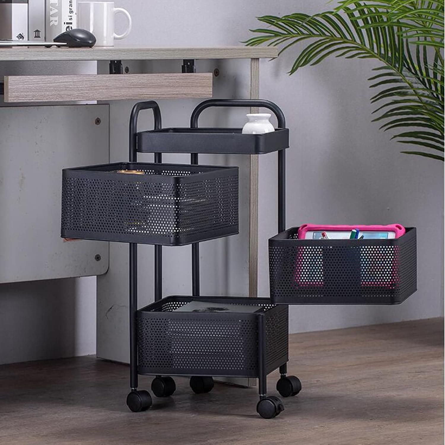 3 Layer Guest Trolley Basket, Multi Telescopic Kitchen Shelf, Square Fruit Vegetable Storage Rack, Multifunctional Household Storage Shelf, Multilayer Kitchen Shelf with Wheels, Hollow Mesh Basket for Kitchen, Living Room, Bathroom