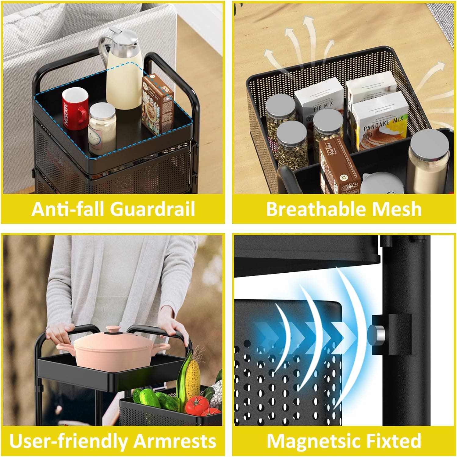 3 Layer Guest Trolley Basket, Multi Telescopic Kitchen Shelf, Square Fruit Vegetable Storage Rack, Multifunctional Household Storage Shelf, Multilayer Kitchen Shelf with Wheels, Hollow Mesh Basket for Kitchen, Living Room, Bathroom